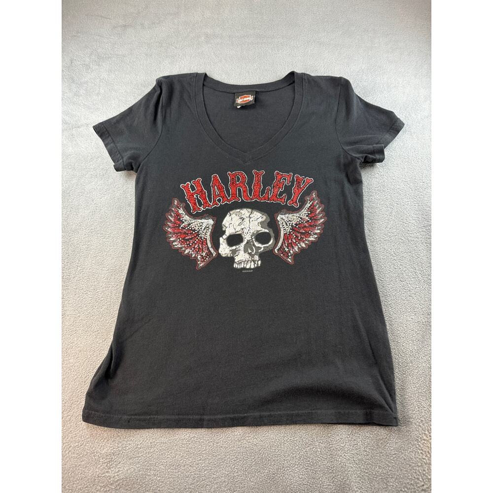 Harley-Davidson Womens sequins skull wings black short sleeve v-neck tshirt M